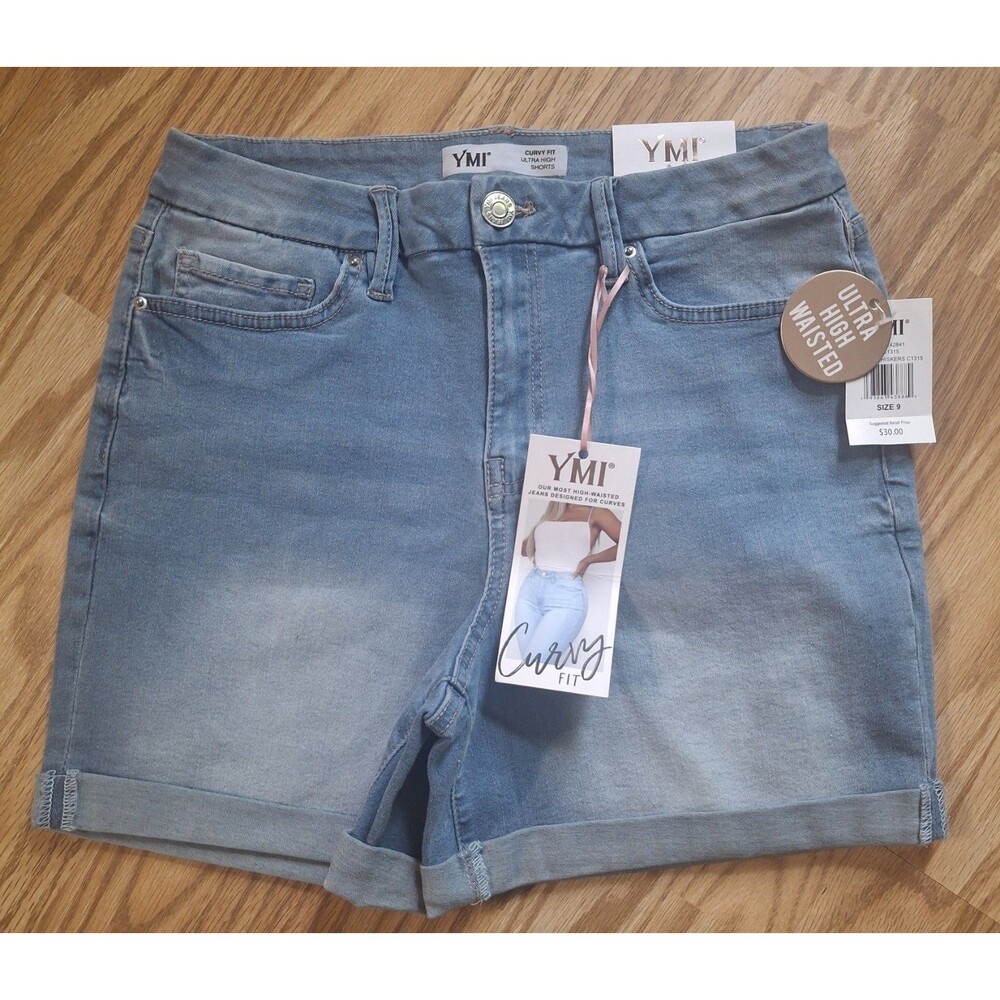Ymi Women's Juniors High Waisted Denim Shorts Jean Size 9 Light Wash Cuffed NWT